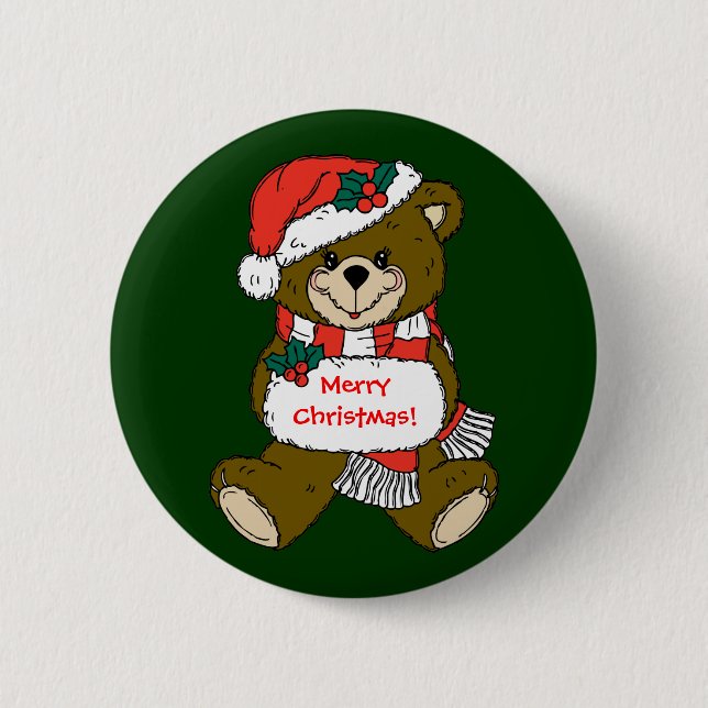 Santa Teddy Bear mit Hut und Muff Button (Vorderseite)