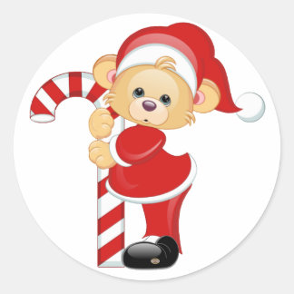Santa Teddy Bear und Candycane Runder Aufkleber