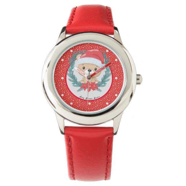 Santa Teddy Red and White Stars Frohe Weihnachten Armbanduhr (Vorderseite)