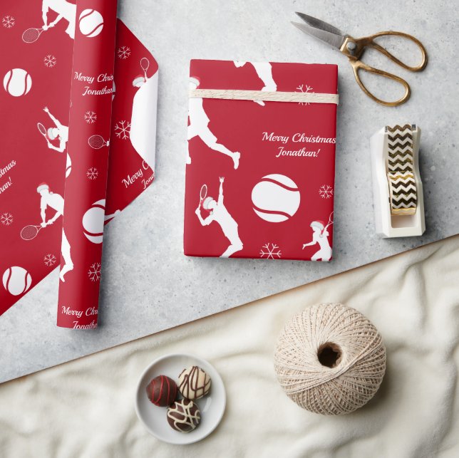 Santa Tennis Player Ball Muster Red Xmas Kid Name Geschenkpapier (Kunsthandwerk)