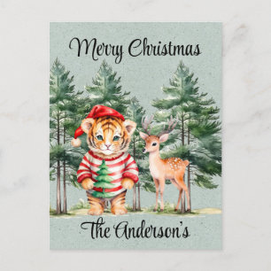 Santa Tiger und ein Hirschbaum Weihnachten Postkarte