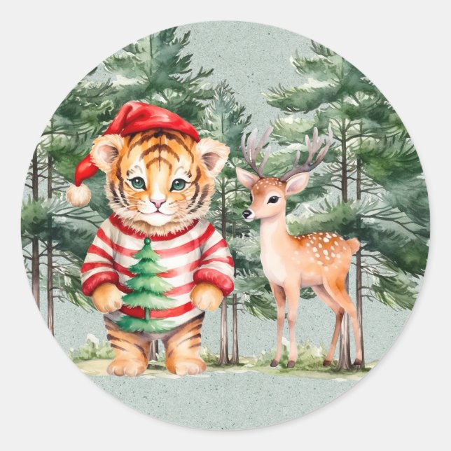 Santa Tiger und ein Hirschbaum Weihnachten Runder Aufkleber (Vorderseite)