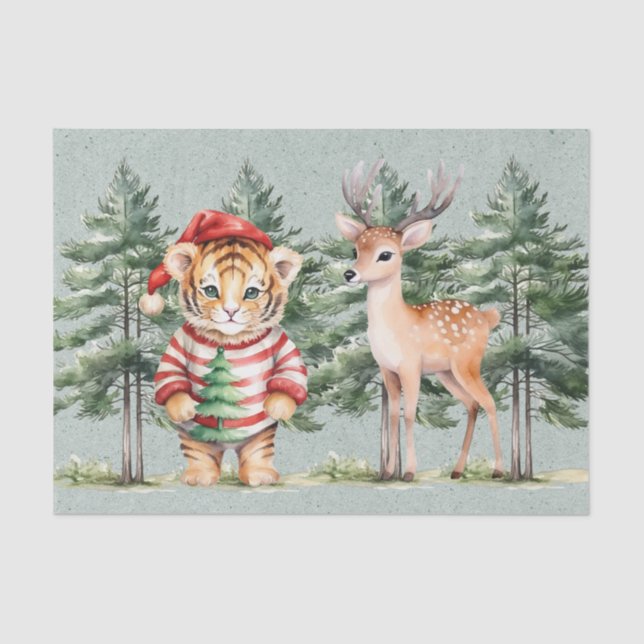 Santa Tiger und ein Hirschbaum Weihnachten Seidenpapier (Vorderseite)