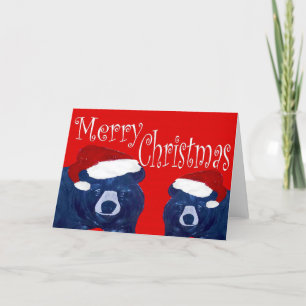 Santa trägt Weihnachtsgrußkarten. Feiertagskarte