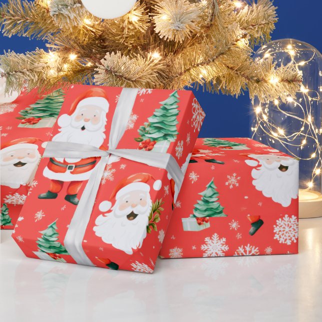 Santa Trees Snowflakes Rote Weihnachten Geschenkpapier (Feiertage)