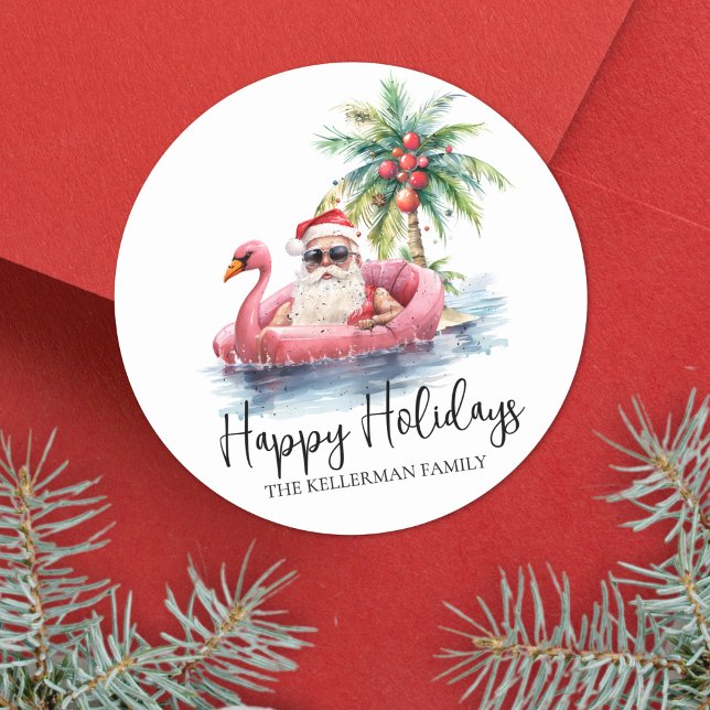 Santa Tropical Beach Frohe Ferien Weihnachten Runder Aufkleber (Santa Tropical Beach Happy Holidays Christmas Classic Round Sticker)