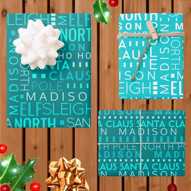 Santa Typografie Aquamarin Blue Kids Name Weihnach Geschenkpapier Set (It's easy to add a name to this modern Santa typography Christmas wrapping paper in chic teal blue)