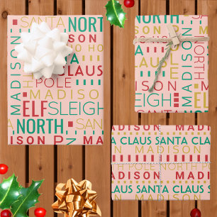 Santa Typografy Red Green Kids Name Weihnachten Geschenkpapier Set
