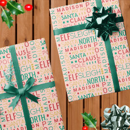 Santa Typografy Red Green Niedlich Add Kinder Name Geschenkpapier