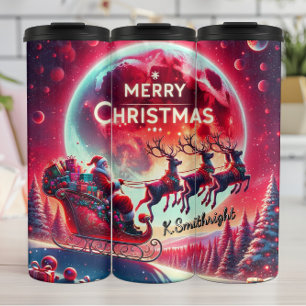 Santa über den gefrorenen Kiefern Thermosbecher