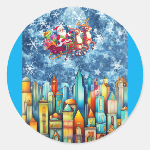 SANTA ÜBER DER STADT RUNDER AUFKLEBER