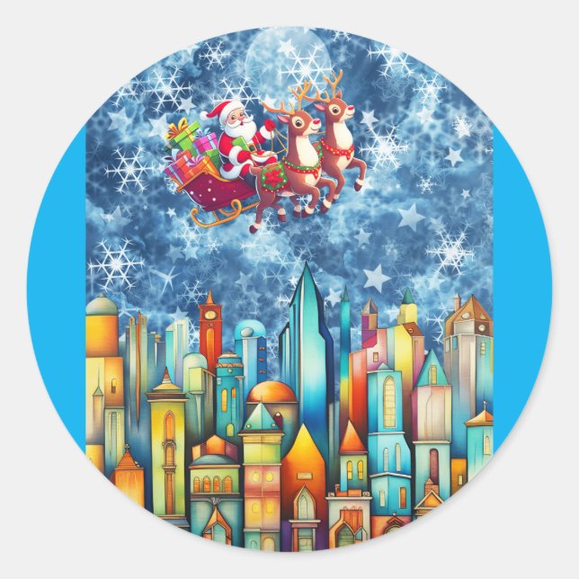 SANTA ÜBER DER STADT RUNDER AUFKLEBER (Vorderseite)