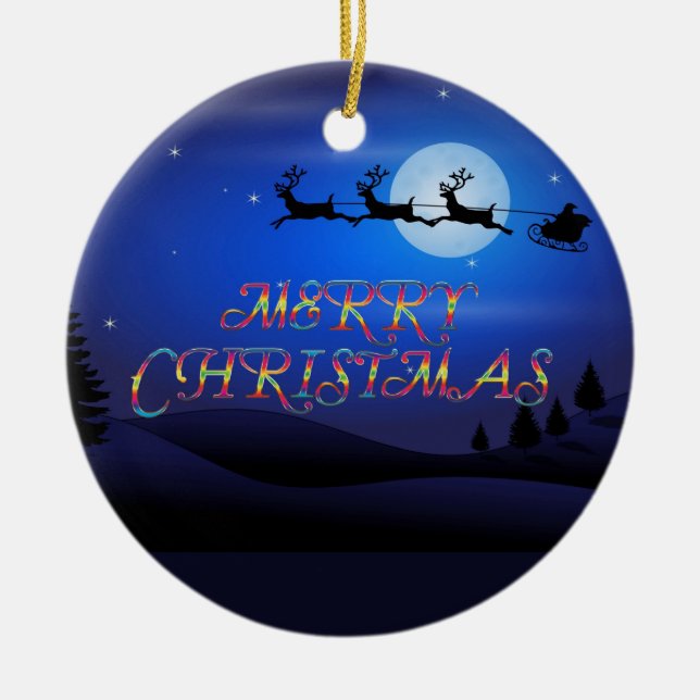 Santa über einem blauen Mond Keramik Ornament (Vorne)