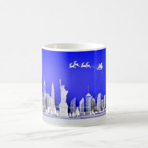 Santa über New York City Weihnachtsblauer Becher Kaffeetasse