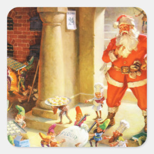Santa überwacht Elfen beim Backen von Weihnachtspl Quadratischer Aufkleber