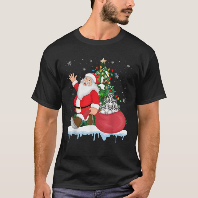 Santa Ugly Christmas Tree Lights Raccoon Tier T-Shirt (Vorderseite)