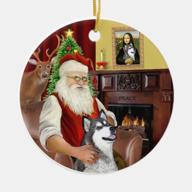 Santa und Alaskan Malamute Keramikornament (Vorne)