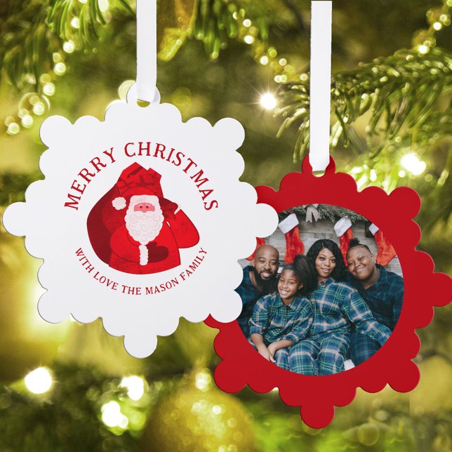 Santa und benutzerdefiniertes Foto und Name Ornament Karte (Von Creator hochgeladen)