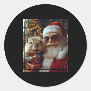 Santa und Biber Selfie Lustiges Weihnachtsdesign Runder Aufkleber