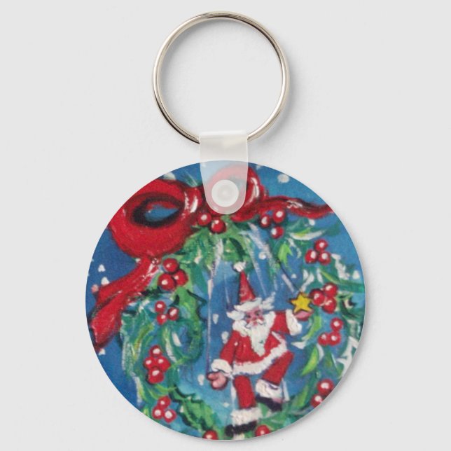 SANTA UND CHRISTMAS NACHT MIT ROTEM RIBBON SCHLÜSSELANHÄNGER (Vorderseite)