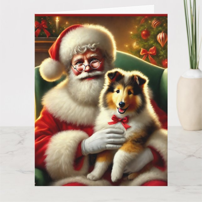 Santa und Collie Puppy mit Red Bow Karte (Vorderseite)