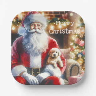 Santa und ein Welpe Vintage Weihnachten Pappteller