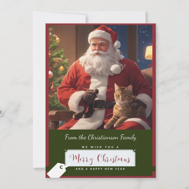 Santa und eine bezaubernde Katze Feiertagskarte (Vorderseite)