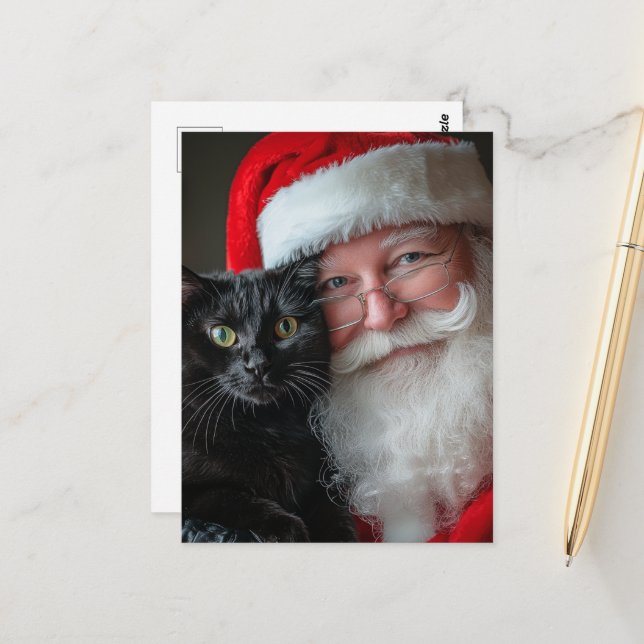 Santa und eine Niedliche schwarze Katze Postkarte (Vorderseite/Rückseite Beispiel)