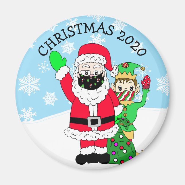 Santa und Elf am Nordpol in Facemask 2020 Keepake Magnet (Vorne)