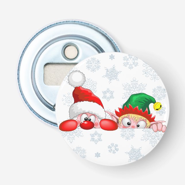 Santa und Elf Niedliche und lustige Charaktere pin Flaschenöffner (Vorderseite)