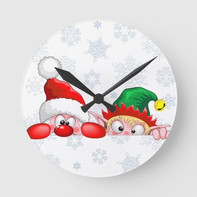 Santa und Elf Niedliche und lustige Charaktere pin Runde Wanduhr (Vorderseite)