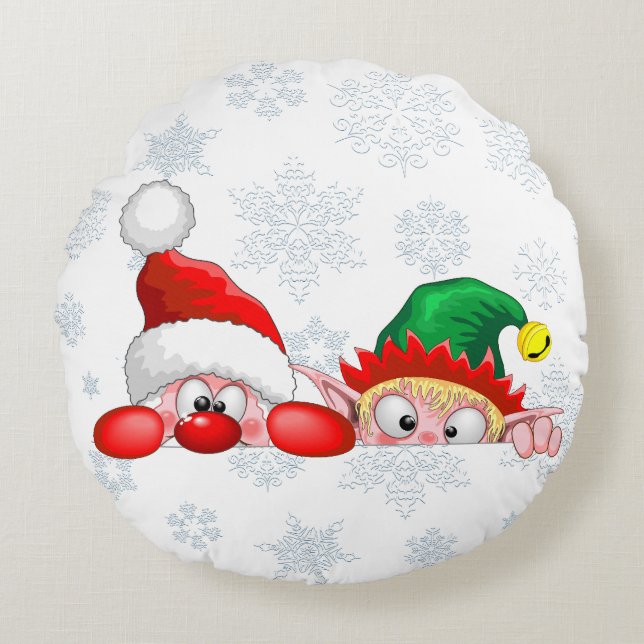 Santa und Elf Niedliche und lustige Charaktere pin Rundes Kissen (Vorderseite)