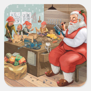Santa und Elves machen Spielzeug Weihnachten Quadratischer Aufkleber