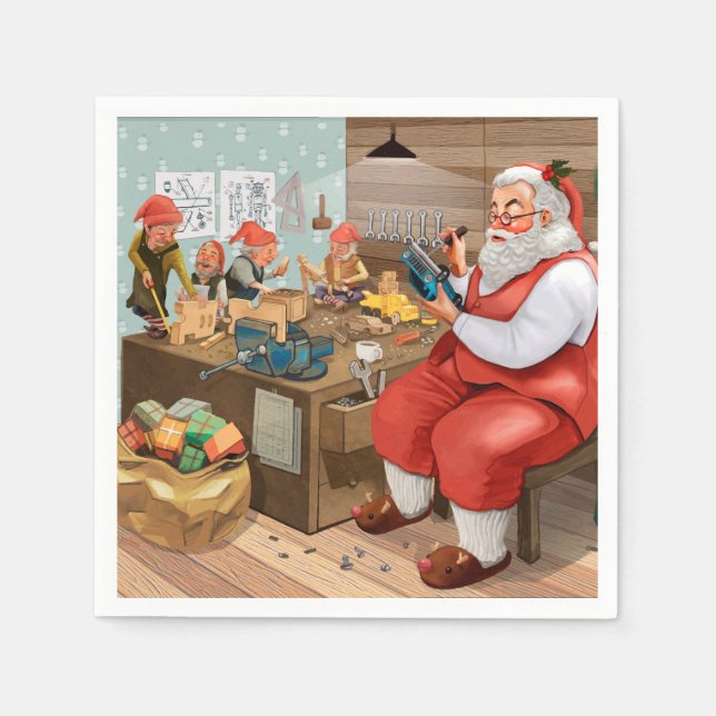 Santa und Elves machen Spielzeug | Weihnachten Serviette (Vorderseite)