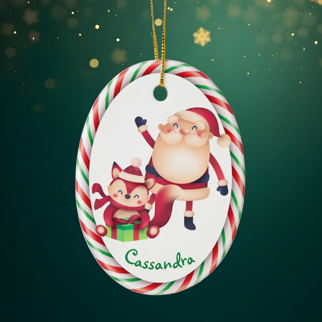Santa und Fox Candy Cane Frame Keramik Ornament (Von Creator hochgeladen)