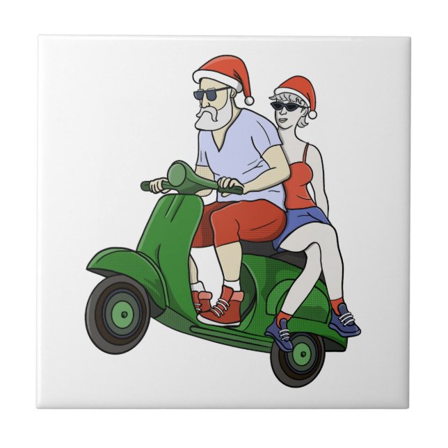 Santa und Frau Claus fahren mit einem Roller Fliese (Vorderseite)