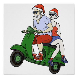 Santa und Frau Claus fahren mit einem Roller Poster