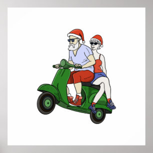 Santa und Frau Claus fahren mit einem Roller Poster