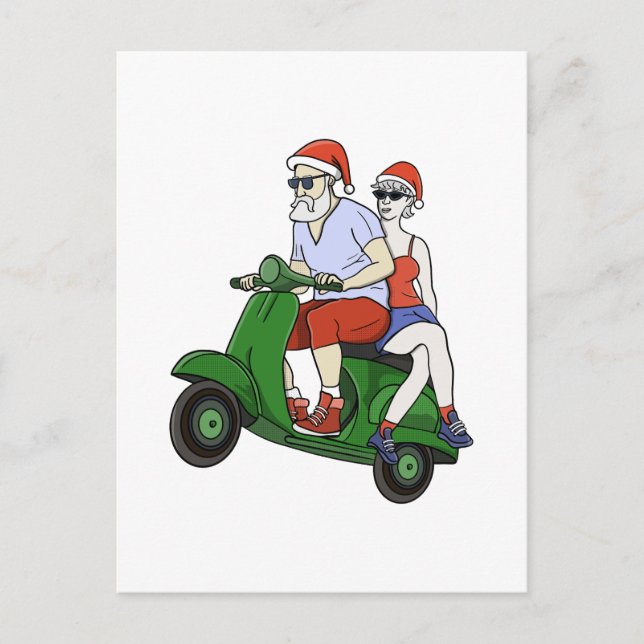 Santa und Frau Claus fahren mit einem Roller Postkarte (Vorderseite)