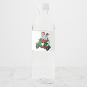 Santa und Frau Claus fahren mit einem Roller Wasserflaschenetikett