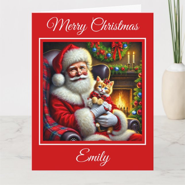 Santa und Ginger Kitten in Red Bow Karte (Vorderseite)