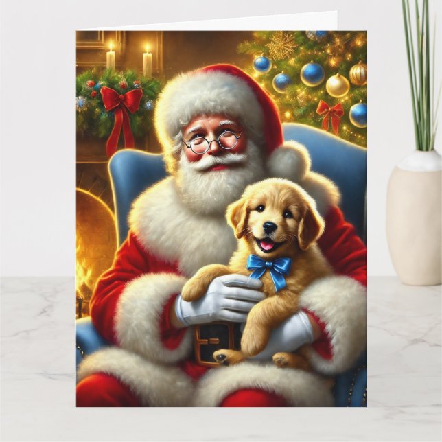 Santa und Golden Retriever Welpe mit Blue Bow Karte (Vorderseite)