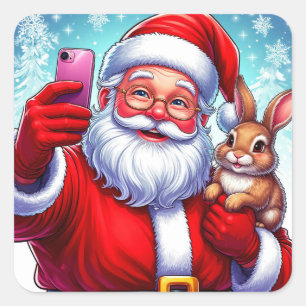Santa und Hase machen ein Weihnachts-Selfie Quadratischer Aufkleber