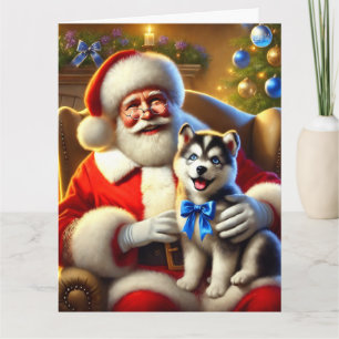 Santa und Husky Welpe mit Blue Bow Karte