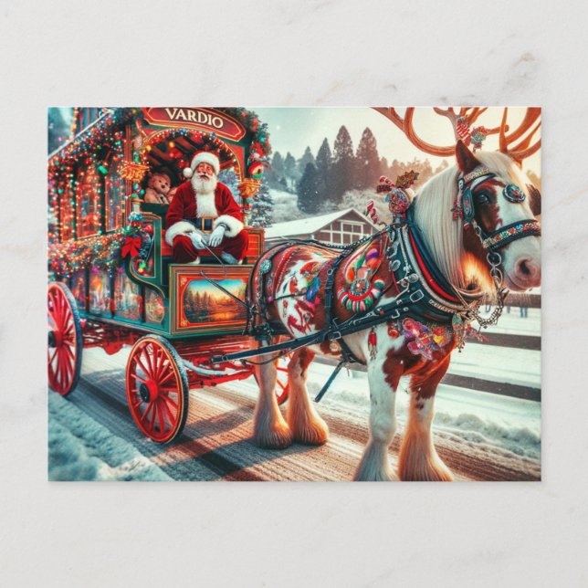 Santa und Irish Cob Pferd mit Antlern Postkarte (Vorderseite)