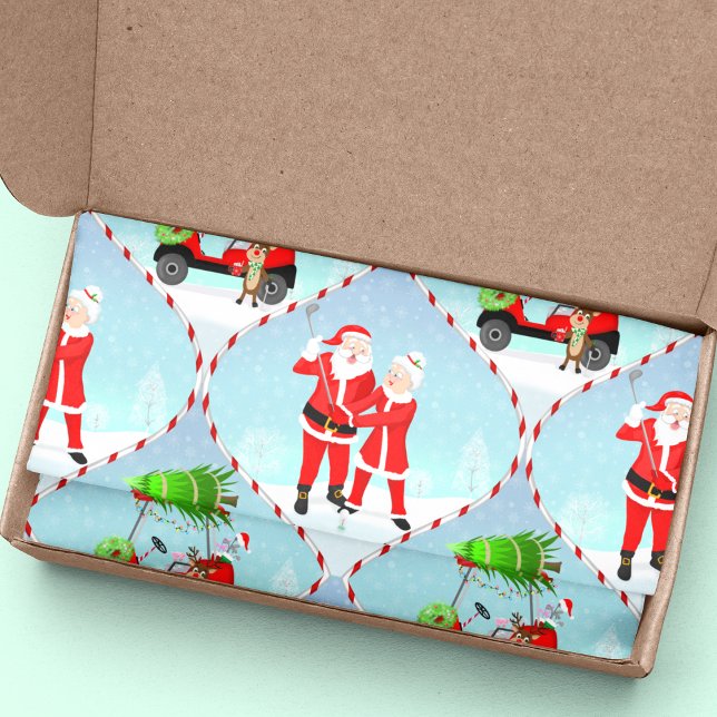 Santa und Mrs. Claus Golfing Ogee Pattern Seidenpapier (Irresistible Festive Charm for Christmas Enthusiasts and Whimsy Golf Lovers tissue paper for gifts!)