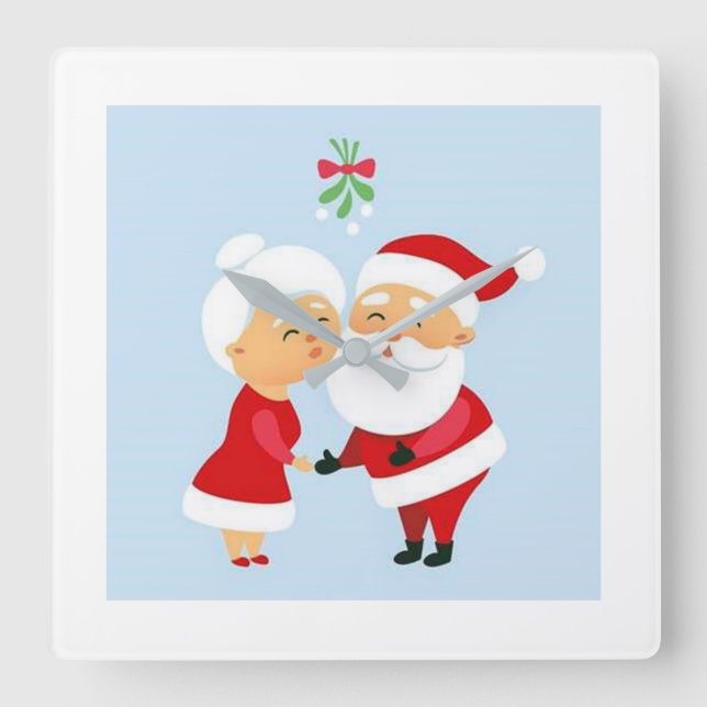 "SANTA UND MRS. CLAUS KISSING" CHRISTMAS KLOCK QUADRATISCHE WANDUHR (Vorderseite)
