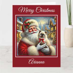 Santa und Ragdoll Kitten im Weihnachtsdorf Karte