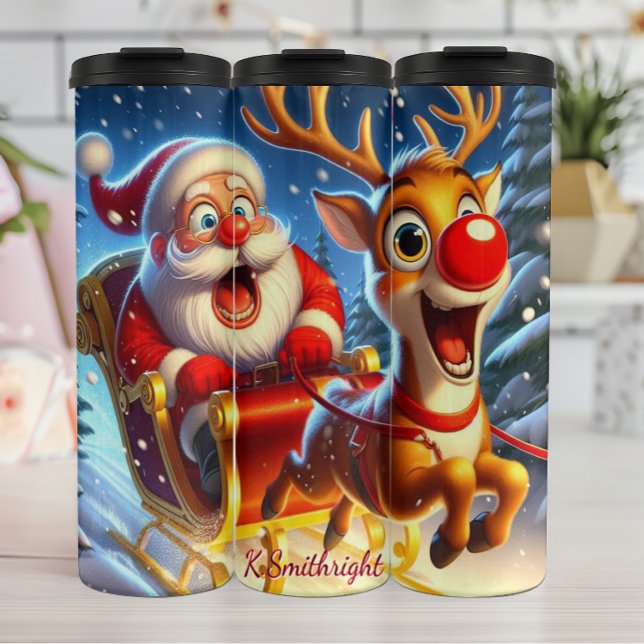 Santa und Reindeer in Sleigh Thermosbecher (Von Creator hochgeladen)