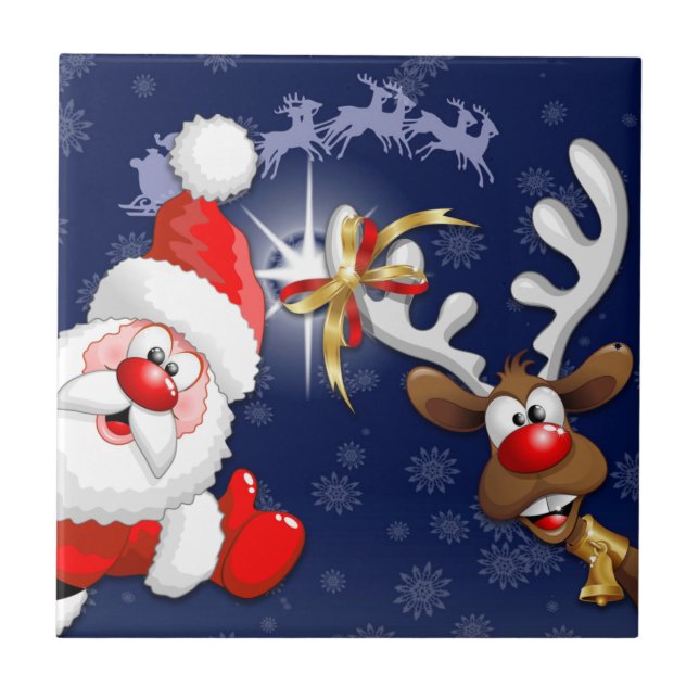 Santa und Reindeer Merry Christmassy Happy Cartoon Fliese (Vorderseite)